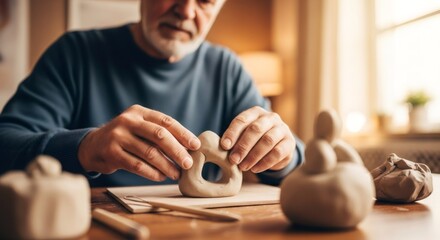 Senior man sculpting clay. Retired artist enjoying hobby. Creative therapy for elderly well-being and fine motor skill practice.