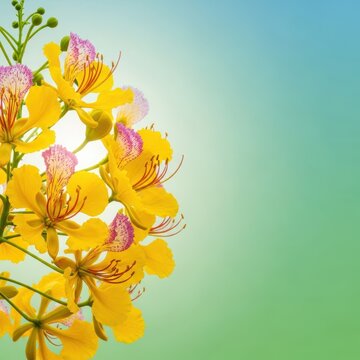 Bright yellow copper pod tree flowers arranged in an energetic asymmetrical composition against a soft green and blue background, cluster, pterocarpum, Peltophorum