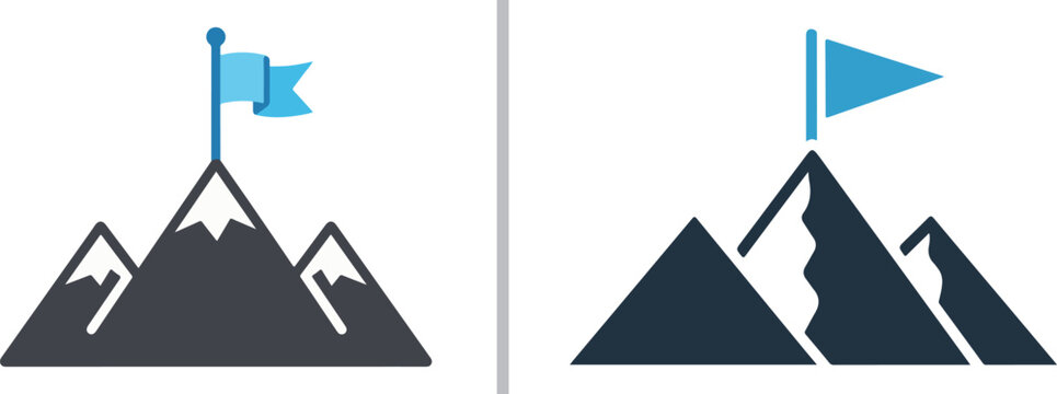 Two stylized mountain icons with blue flags at the peak. One features a realistic summit with snow caps; the other uses a minimalist, geometric design with sharp edges.