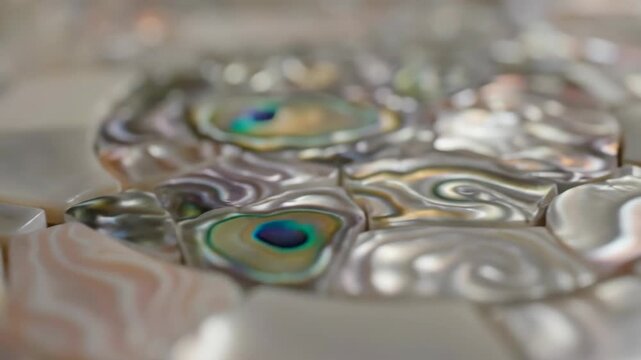 Close-up pan of iridescent mother of pearl and abalone shell mosaic. Natural nacre texture with wavy patterns and vibrant colors. Luxury decorative surface for interior design