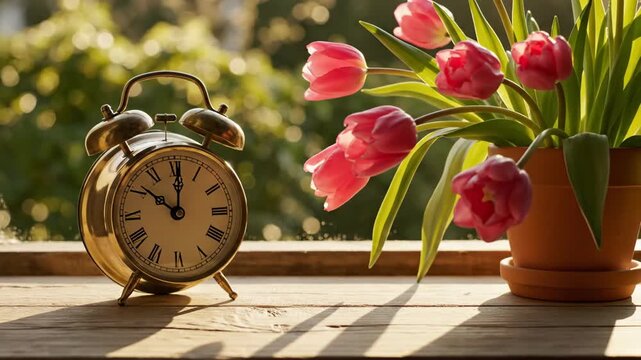 A clock shows 1059 next to a tulip pot on a wooden windowsill bathed in sunlight