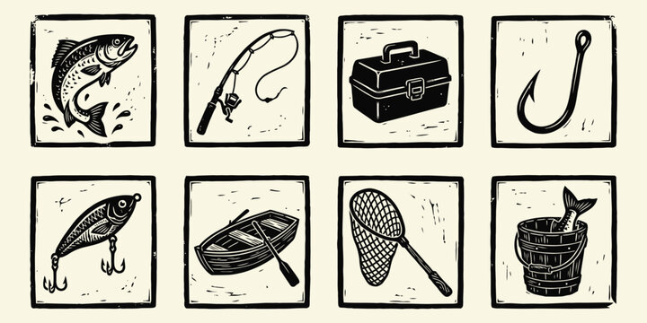 Vintage Woodcut Fishing Icons Set - Rod, Reel, Lure, and Catch Illustrations
