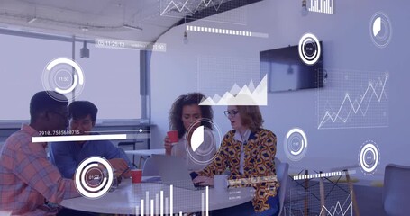 Animation of financial data processing over diverse business people in office - Powered by Adobe