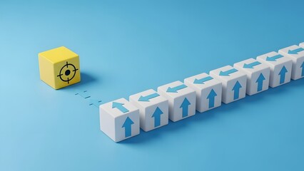 Row of white cubes with blue arrows pointing towards a yellow target cube