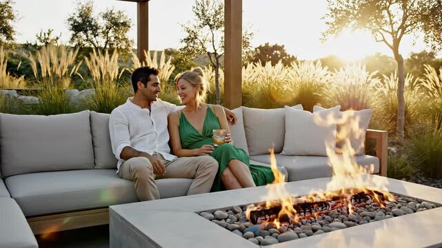 Couple lounge on outdoor sofa by a fire pit, sunlit grass behind. Relaxing backyard gathering at sunset