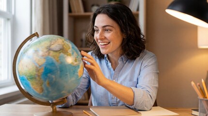 Person spinning globe indoors while smiling at her desk  