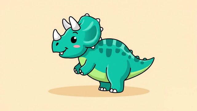 Cute Cartoon Triceratops Dinosaur Smiling on Soft Pastel Background Creating Friendly Playful Character Animation for Children Education and Fun Content