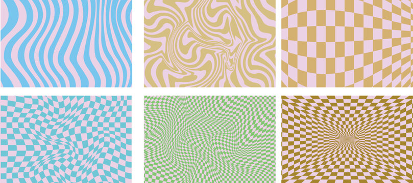 Psychedelic pattern collection featuring six distinct retro wave and distorted checkerboard designs