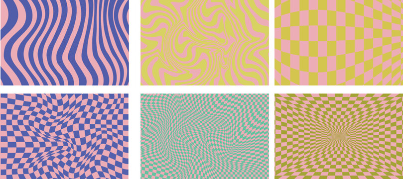 Psychedelic optical illusion patterns collection featuring vibrant wavy and checkerboard designs