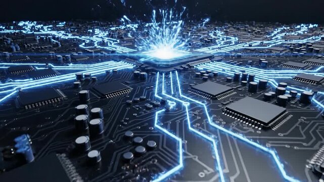 Abstract circuit board with glowing blue pathways and various integrated circuit components
