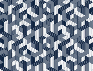 Cubes seamless pattern, abstract 3D optic background, trippy isometric linear polygon endless wallpaper, surreal effect black and white tiling pattern.