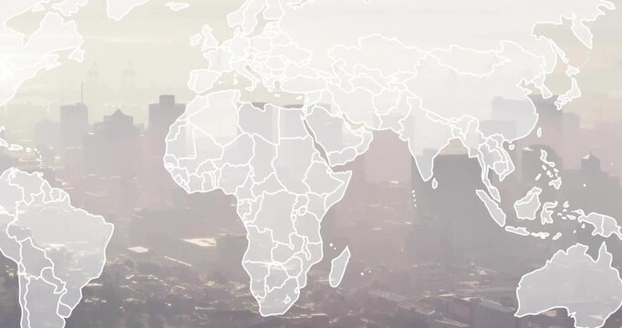 Skyline pausing amid haze then world map outline fading in then drawing downward overlaying skyline