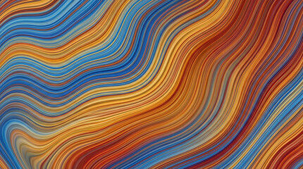 A panoramic abstract image features a vibrant, flowing design with smooth, undulating waves of color. The composition is dominated by a gradient of blues, yellows, oranges, and reds, with subtle trans