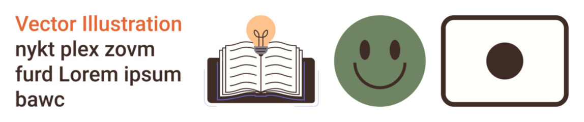 Fototapeta premium Education, learning, creativity, positivity, emotions, minimalism. Open book with lightbulb, happy face and a square shape with a dot. Education and creativity concepts