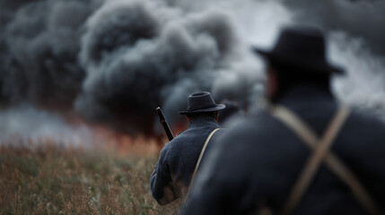 Obraz premium Historical battlefield scene with soldiers in uniform.