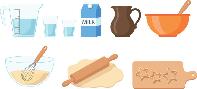 Flat vector illustration set of baking tools and ingredients including measuring cup milk carton rolling pin whisk mixing bowl and cookie cutters.