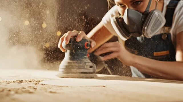 Woman sanding wooden surface with orbital sander in workshop. Sawdust flying during woodworking process. Craftsmanship and DIY renovation