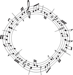Circular musical stave frame with black music notes and treble clef for creative sound design and artistic melody composition