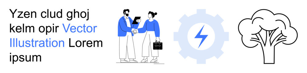 Business communication, eco-friendly energy, teamwork, renewable resources, environmental awareness, efficiency. Two people shaking hands, a gear with lightning and a tree. Teamwork and eco-friendly