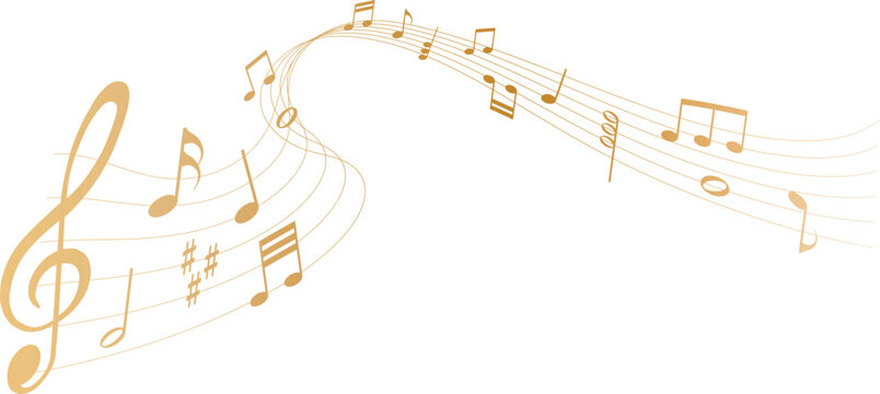 Abstract gold music notes and clef on wavy pentagram lines for musical stave composition and creative sound design