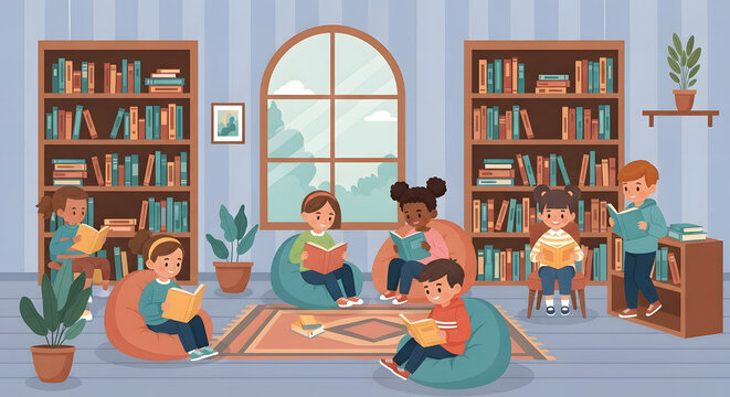 Vector of children learning to read in the library, bookshelves, calm and comfortable atmosphere