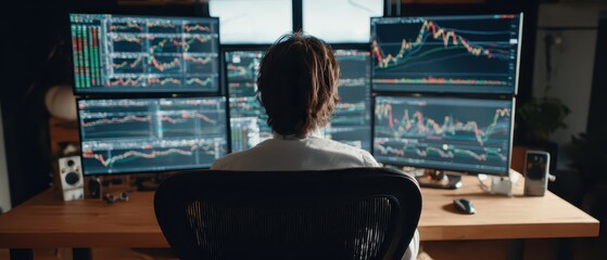 Trader Analyzing Financial Charts on Multiple Monitors in Office