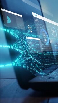 woman analyst uses a computer AI artificial intelligence and dashboard for data business analysis and Data Management System with KPI and metrics connected to the database for technology finance,