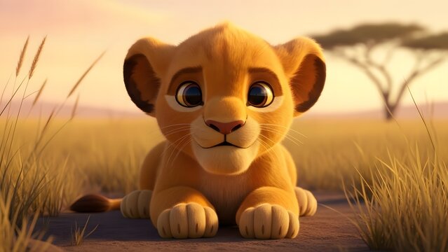 Adorable lion cub in serene savannah landscape at sunset