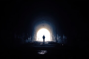 Silhouette of a Person Standing at the End of a Dark Tunnel