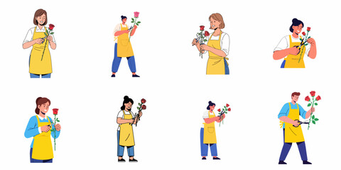 Fototapeta premium Professional Florists Pruning Roses: Collection of Vector Illustrations Featuring People Working with Flowers and Shears in Yellow Aprons.
