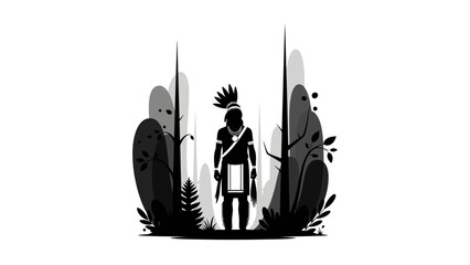 Fototapeta premium Silhouette of a Native American warrior standing in a forest clearing.