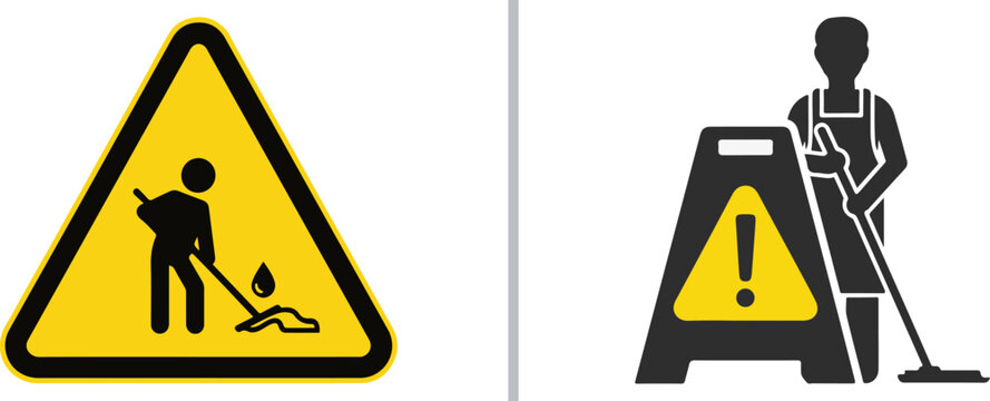 A vector graphic for maintenance safety, featuring a yellow triangular "Caution: Wet Floor" sign with a person mopping, and a black silhouette of a worker with a yellow floor cone.