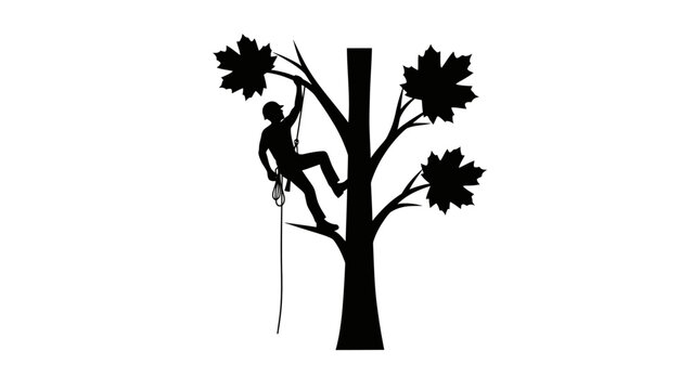 Silhouette of a tree climber working on a tree with leaves.