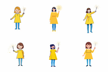 Naklejka premium Six happy girls in yellow dresses celebrating with sparkling magic wands or festive sparklers.