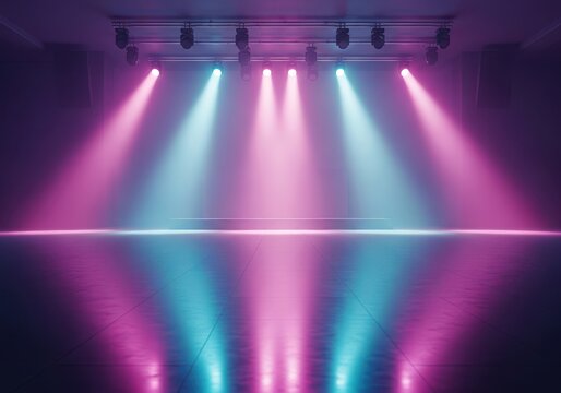A silent, minimalist nightclub interior featuring focused stage lighting and reflections on the polished dance floor surface before opening, empty, space, modern