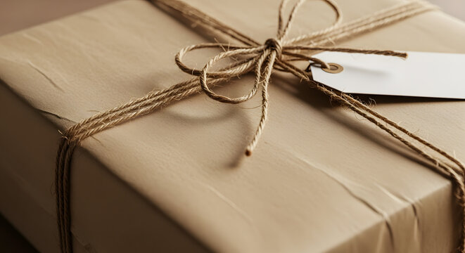 Close up of parcel wrapped in brown paper with twine and tag