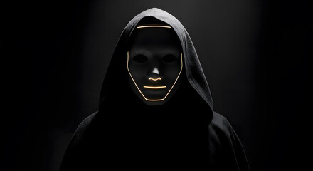 Mysterious Hooded Figure Wearing Glowing Golden LED Mask