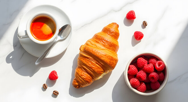 Flat Lay of Fresh Croissant, Espresso, and Raspberries on Marble