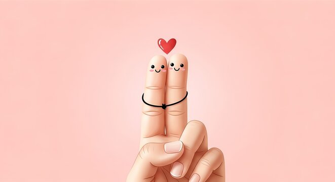 Cute Finger Art Couple with Happy Smiling Faces and Red Heart Symbol for Valentine's Day Concept on Pink Background