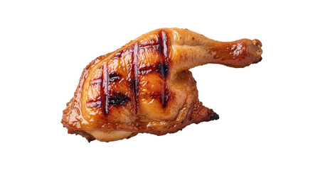 Grilled chicken leg quarter features attractive dark sear marks on white.