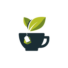 Stylized cup of tea with fresh green leaves and a tea bag tag