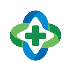 Fototapeta premium Abstract medical logo green cross shape within intertwined blue and green elements