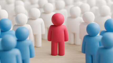 Human resources workplace relationships business systems concept with red figure standing out among blue and white figures symbolizing individuality and diversity in professional environment