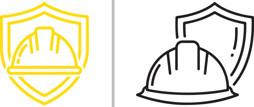 Two vector icons featuring safety hard hats and shields. One is a yellow outline design; the other is a black line-art version with the hat in front of the shield. Symbols of protection and safety.
