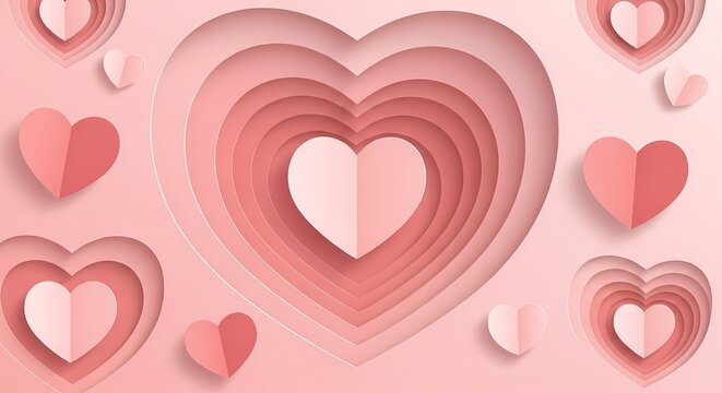 Elegant Pink Paper Cut Heart Background with Layered Origami Hearts for Valentine's Day, Mother's Day, and Romantic Wedding Concept