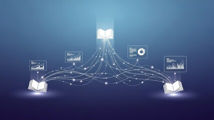 Abstract concept of digital data flow and knowledge transfer, connecting books with analytical charts for information exchange and business intelligence.
