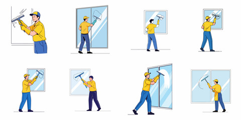 Fototapeta premium A collection of illustrations showing a professional window cleaner in uniform washing various types of glass surfaces with a squeegee.