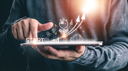 A person interacting with a futuristic digital interface on a tablet