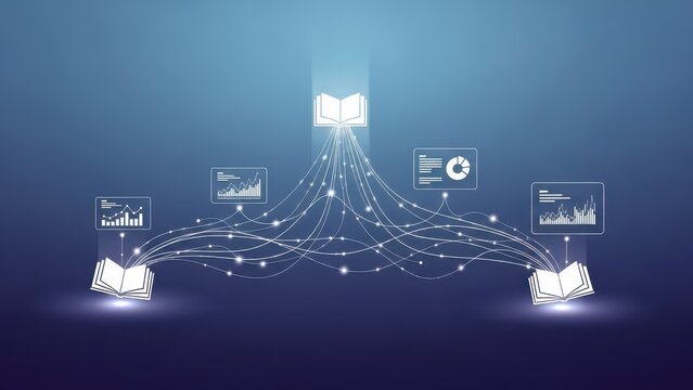 Abstract concept of digital data flow and knowledge transfer, connecting books with analytical charts for information exchange and business intelligence. - Powered by Adobe