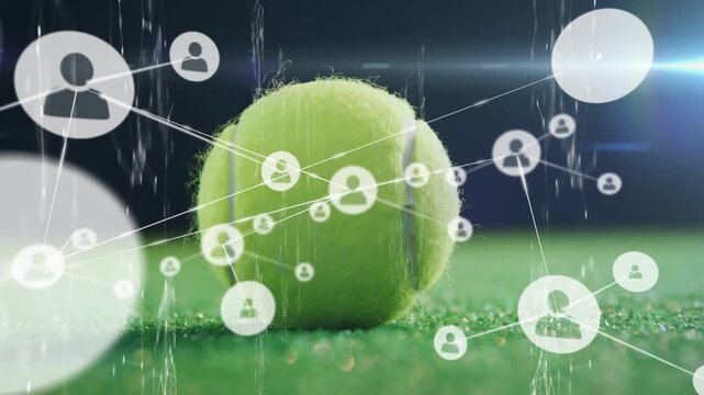 Animation of network of connections with icons over tennis ball